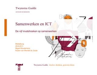 Samenwerken en ICT
De vijf invalshoeken op samenwerken




Middelburg
29-9-2011
Migiel Gloudemans
Ruben van Wendel de Joode
 