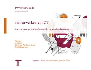 Samenwerken en ICT
Vormen van samenwerken en de rol van bestuurders




Middelburg
30-9-2011
Ruben van Wendel de Joode
Migiel Gloudemans
 
