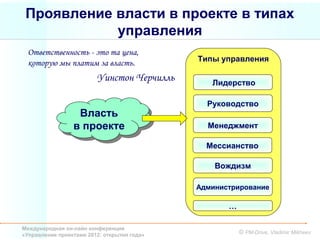 Проявление власти в проекте в типах
            управления
 Ответственность - это та цена,
                                             Типы управления
 которую мы платим за власть.
                         Уинстон Черчилль       Лидерство

                                               Руководство
                  Власть
                   Власть
                 в проекте
                 в проекте                     Менеджмент

                                               Мессианство

                                                 Вождизм

                                             Администрирование

                                                    …

Международная он-лайн конференция
«Управление проектами 2012: открытия года»              © PM-Drive, Vladimir Mikheev
 