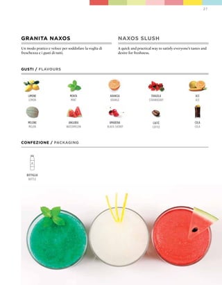 27




GRANITA NAXOS                                                  NAXOS SLUSH
Un modo pratico e veloce per soddisfare la voglia di           A quick and practical way to satisfy everyone’s tastes and
freschezza e i gusti di tutti.                                 desire for freshness.



GUSTI / FLAVOURS




    limone                     menta                     arancia                     fragola                     ace
    lemon                       mint                     orange                    strawBerry                    ace




    melone                    anguria                    amarena                     caffè                       cola
    melon                    watermelon                Black cherry                  coffee                      cola



CONFEZIONE / pACkAGING




   Bottiglia
    Bottle
 