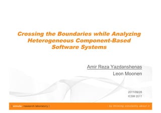 Crossing the Boundaries while Analyzing
   Heterogeneous Component-Based
           Software Systems


                      Amir Reza Yazdanshenas
                                 Leon Moonen


                                      2011/09/28
                                      ICSM 2011
 