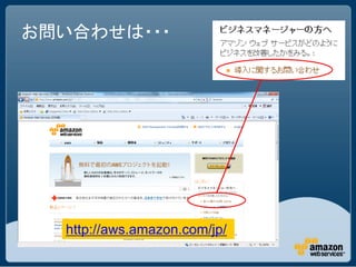 お問い合わせは・・・




  http://aws.amazon.com/jp/
 