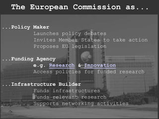 The European Commission as...<br />...Policy Maker<br />Launches policy debates<br />Invites Member States to take action<...