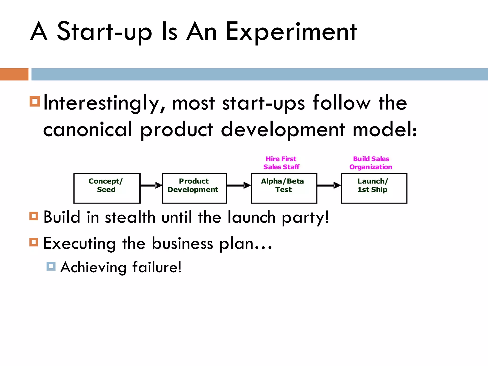 A Start-up Is An Experiment Interestingly, most start-ups follow the canonical product development model: Build in stealth until the launch party! Executing the business plan… Achieving failure!  