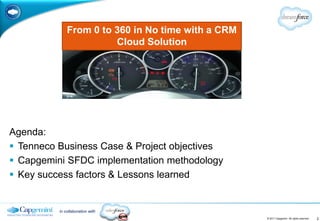 From 0 to 360 in No time with a CRM
                              OUTLINE
                        Cloud Solution




Agenda:
 Tenneco Business Case & Project objectives
 Capgemini SFDC implementation methodology
 Key success factors & Lessons learned


          in collaboration with
                                                    © 2011 Capgemini. All rights reserved.   2
 
