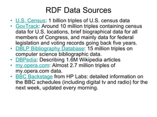 RDF Data Sources <ul><ul><li>U.S. Census : 1 billion triples of U.S. census data  </li></ul></ul><ul><ul><li>GovTrack : Ar...