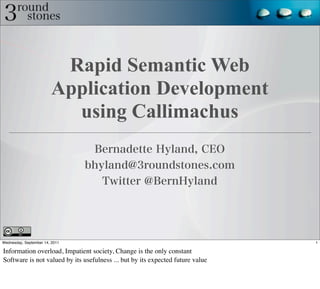 Rapid Semantic Web
                        Application Development
                          using Callimachus




Wednesday, September 14, 2011                                                   1

Information overload, Impatient society, Change is the only constant
Software is not valued by its usefulness ... but by its expected future value
 