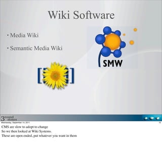 Wiki Software
         Media Wiki

         Semantic Media Wiki




Wednesday, September 14, 2011                         10

CMS are slow to adopt to change
So we then looked at Wiki Systems.
These are open ended, put whatever you want in them
 