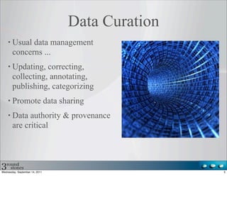 Data Curation
       Usual data management
       concerns ...
       Updating, correcting,
       collecting, annotating,
       publishing, categorizing
       Promote data sharing
       Data authority & provenance
       are critical




Wednesday, September 14, 2011                   5
 