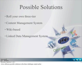 Possible Solutions
           Roll your own three-tier

           Content Management System

           Wiki-based

           Linked Data Management System




Wednesday, September 14, 2011                                               6

A few different possible solutions to the three challenges stated earlier
 