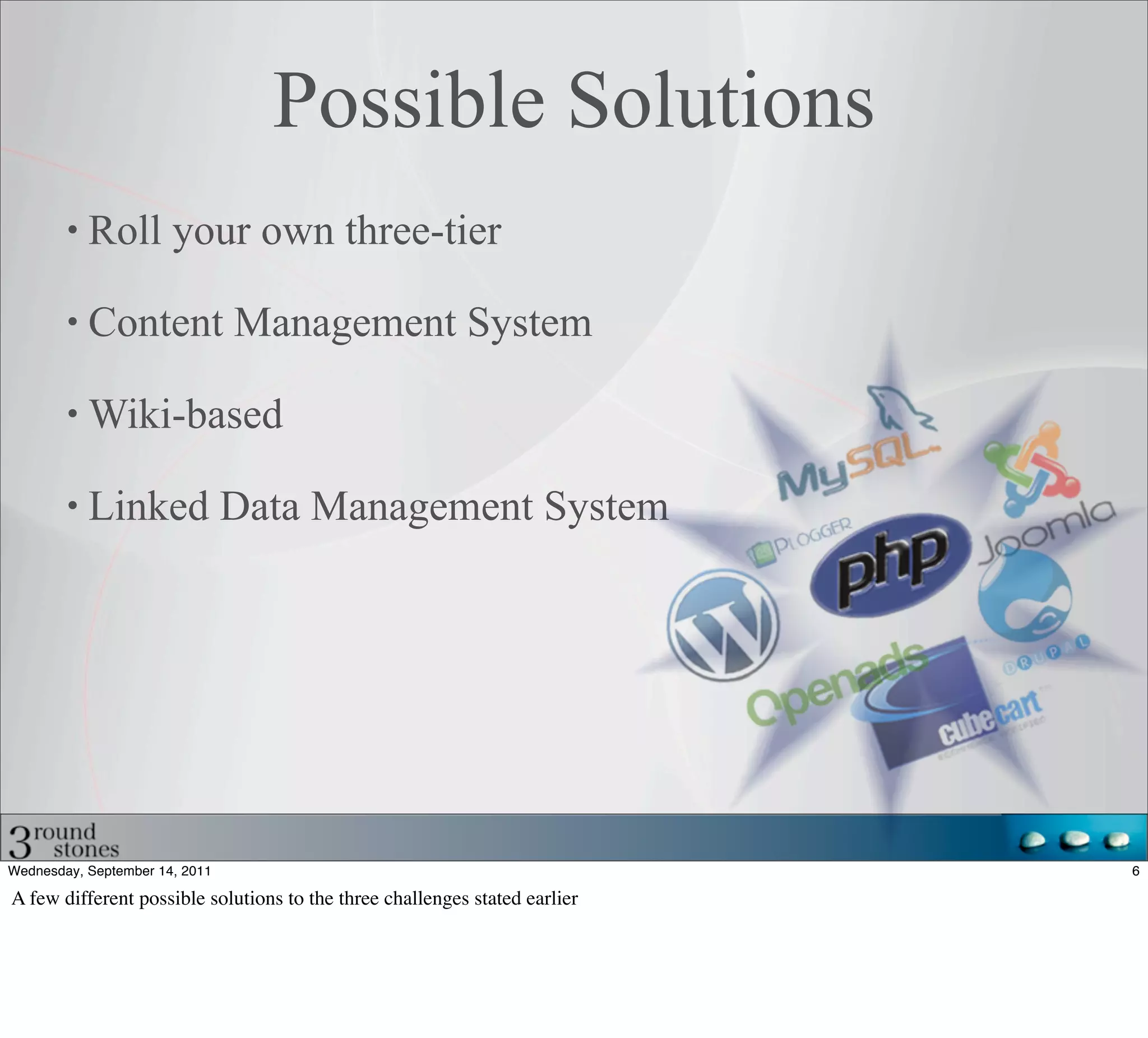 Possible Solutions
           Roll your own three-tier

           Content Management System

           Wiki-based

           Linked Data Management System




Wednesday, September 14, 2011                                               6

A few different possible solutions to the three challenges stated earlier
 