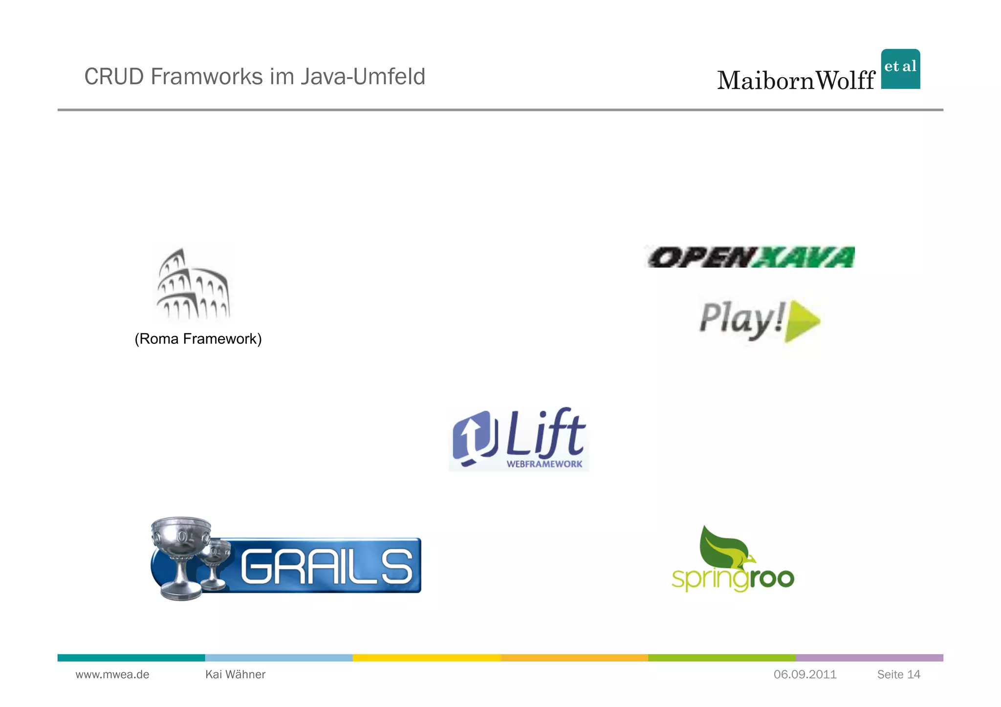 CRUD Framworks im Java-Umfeld




        (Roma Framework)




www.mwea.de     Kai Wähner       06.09.2011   Seite 14
 