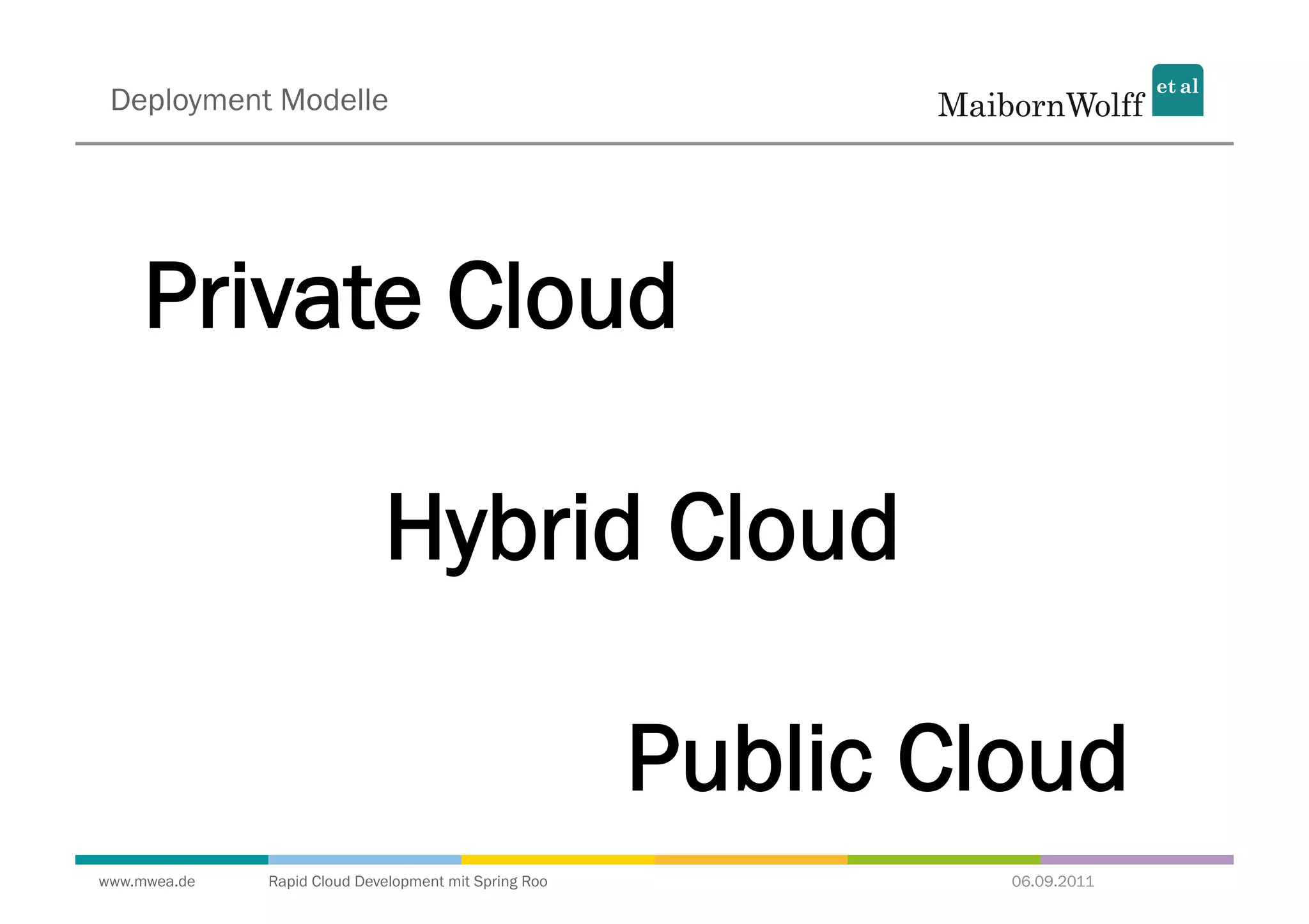 Deployment Modelle




     Private Cloud

                             Hybrid Cloud

                                                       Public Cloud
www.mwea.de   Rapid Cloud Development mit Spring Roo            06.09.2011
 