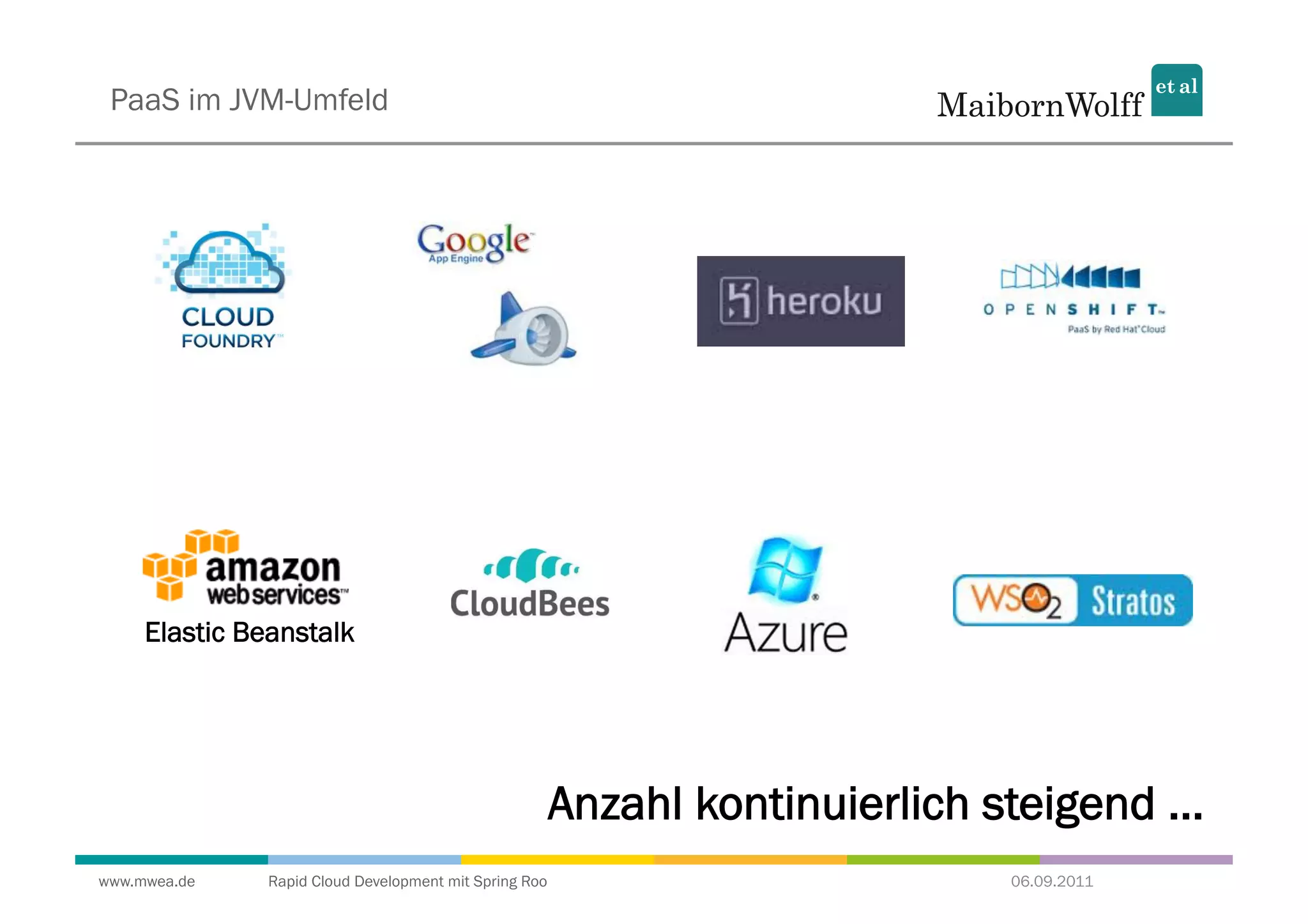 PaaS im JVM-Umfeld




     Elastic Beanstalk




                                                        Anzahl kontinuierlich steigend ...
www.mwea.de    Rapid Cloud Development mit Spring Roo                          06.09.2011
 
