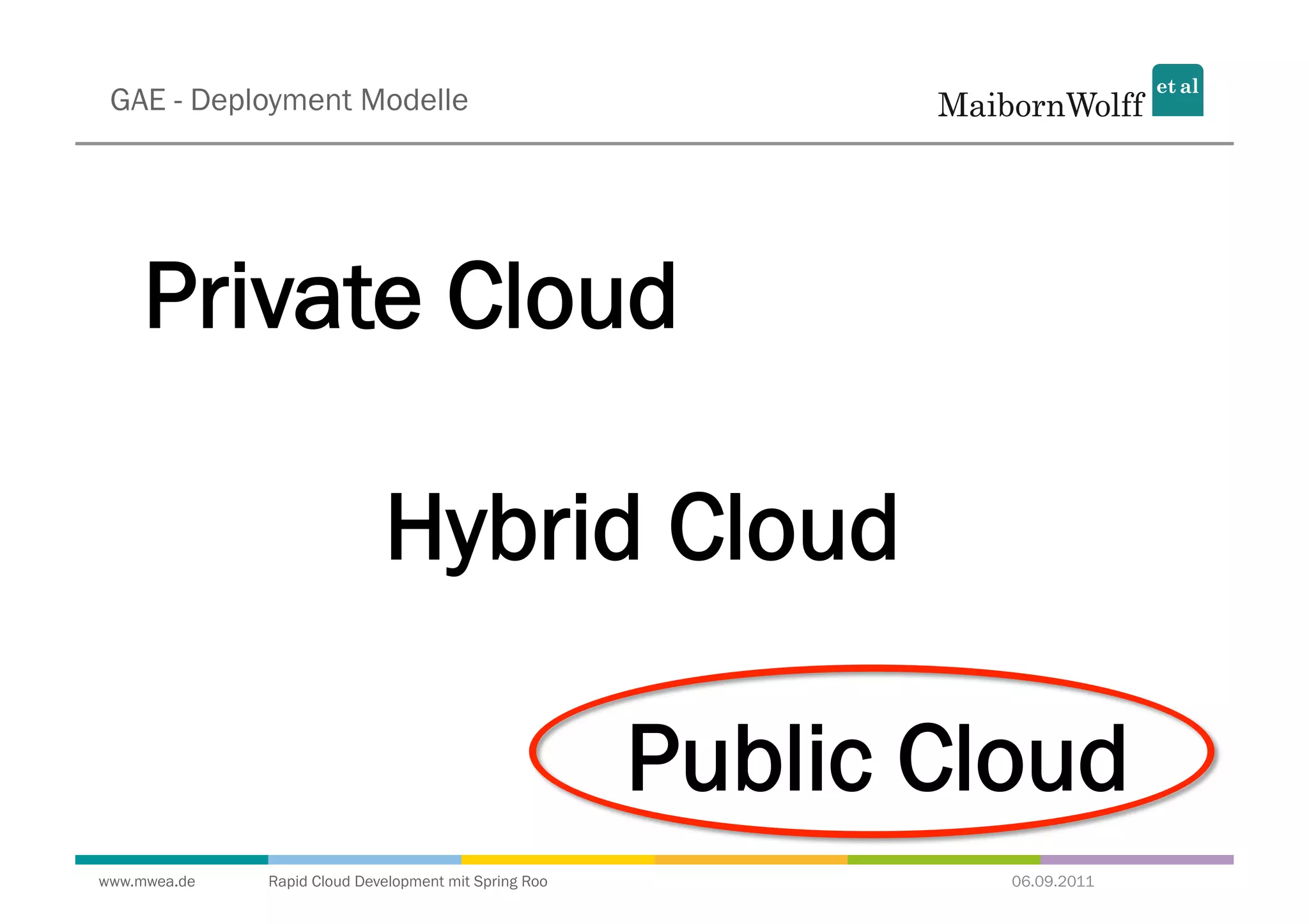 GAE - Deployment Modelle




     Private Cloud

                             Hybrid Cloud

                                                       Public Cloud
www.mwea.de   Rapid Cloud Development mit Spring Roo            06.09.2011
 