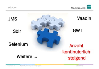 Add-ons




 JMS                                                            Vaadin

        Solr                                                 GWT

 Selenium                                                  Anzahl
                                                        kontinuierlich
              Weitere ...                                 steigend
www.mwea.de    Rapid Cloud Development mit Spring Roo          06.09.2011
 