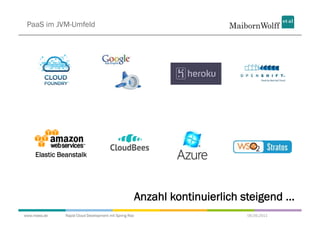 PaaS im JVM-Umfeld




     Elastic Beanstalk




                                                        Anzahl kontinuierlich steigend ...
www.mwea.de    Rapid Cloud Development mit Spring Roo                          06.09.2011
 