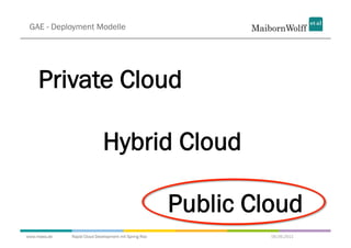 GAE - Deployment Modelle




     Private Cloud

                             Hybrid Cloud

                                                       Public Cloud
www.mwea.de   Rapid Cloud Development mit Spring Roo            06.09.2011
 
