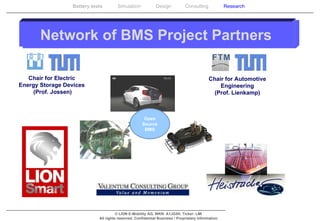 Network of BMS Project Partners Chair for Electric  Energy Storage Devices  (Prof. Jossen) Chair for Automotive Engineering (Prof. Lienkamp) Open Source BMS 
