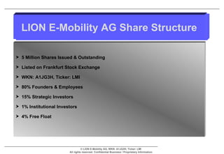 LION E-Mobility AG Share Structure 5 Million Shares Issued & Outstanding Listed on Frankfurt Stock Exchange WKN: A1JG3H, Ticker: LMI 80% Founders & Employees 15% Strategic Investors 1% Institutional Investors 4% Free Float 