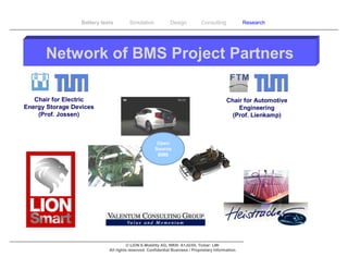 Battery tests        Simulation             Design           Consulting            Research




      Network of BMS Project Partners

   Chair for Electric                                                                       Chair for Automotive
Energy Storage Devices                                                                          Engineering
    (Prof. Jossen)                                                                            (Prof. Lienkamp)



                                                      Open
                                                     Source
                                                      BMS




                                       © LION E-Mobility AG, WKN: A1JG3H, Ticker: LMI
                             All rights reserved. Confidential Business / Proprietary Information.
 
