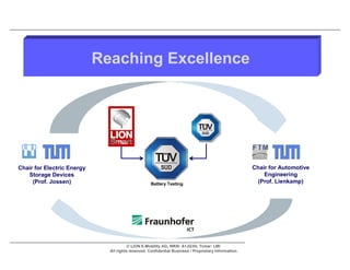 Reaching Excellence




Chair for Electric Energy                                                                             Chair for Automotive
   Storage Devices                                                                                        Engineering
     (Prof. Jossen)                                 Battery Testing                                    (Prof. Lienkamp)




                                        © LION E-Mobility AG, WKN: A1JG3H, Ticker: LMI
                              All rights reserved. Confidential Business / Proprietary Information.
 