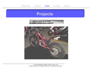 Battery tests        Simulation             Design           Consulting            Research




                          Projects
                 Battery pack for E-Trial
                  (Tier 1 motocross supplier)




                     © LION E-Mobility AG, WKN: A1JG3H, Ticker: LMI
           All rights reserved. Confidential Business / Proprietary Information.
 
