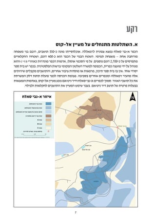 ‫רקע‬
                                   ‫א. השתלטות מתנחלים על מעיין אל-קוס‬
‫הכפר א-נבי סאלח נמצא צפונית לרמאללה. אוכלוסייתו מונה כ-055 תושבים, רובם בני משפחה‬
‫מורחבת אחת – משפחת תמימי. השטח הבנוי של הכפר הוא כ-004 דונם, ושטחיו החקלאיים‬
‫מתפרסים על כ-007,2 דונם נוספים. על פי הסכמי אוסלו, אדמות הכפר מוגדרות כאזורי ‪ B‬ו-‪ C‬והוא‬
‫מנוהל על ידי מועצה כפרית, הכפופה למשרד השלטון המקומי ברשות הפלסטינית. בכפר יש בית ספר‬
‫יסודי אחד. אין בו בית ספר תיכון, מרפאות או מוסדות ציבור אחרים, והתושבים מקבלים שירותים‬
‫אלה מהעיר רמאללה ומכפרים אחרים בסביבה. בצומת הכניסה לכפר פועלת תחנת דלק המשרתת‬
‫את כל תושבי האזור. סמוך לכפרים א-נבי סאלח ודיר ניט'אם נובע מעיין אל-קוס, באדמות הנמצאות‬
       ‫בבעלות פרטית של תושב דיר ניט'אם. בעבר שימש המעיין את התושבים לחקלאות ולבילוי.‬

     ‫איזור א-נבי סאלח‬                                                             ‫‪N‬‬


                     ‫‪A‬‬

                     ‫‪B‬‬

                     ‫‪C‬‬                                                  ‫:‬
                                                                        ‫&‬
                               ‫:‬
                               ‫&‬
      ‫0‬       ‫52.0‬       ‫5.0‬




                                               ‫!!‬
                                                 ‫!‬
                                               ‫!‬



                                     ‫!‬
                                     ‫!‬




                                           ‫7‬
 