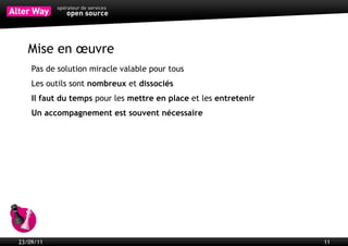 IDE
           Éditeur de texte sous stéroïdes
           Fonctions généralement proposées :
             Colorisation syntaxique
             Autocomplétion
             Intégration aux dépôts de code
             Intégration avec un ou plusieurs frameworks
             Débogueur
             Profileur
             Intégration d'outils externes (Tests unitaires, déploiement, gestion de base de
             données, éditeur UML, prototypage, etc.)
           Standardisation des outils
           Intégration dans la chaîne de production



23/09/11                                                                                       11
 