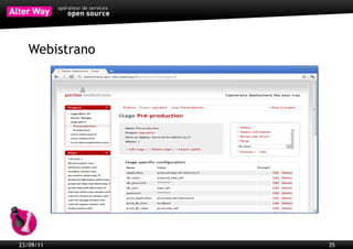 Parcours de formation de 4 mois :
             Un tronc commun : les stagiaires bénéficieront d’un cursus initiatique dispensé par
             l’entité Formation d’Alter Way (organisme de formation leader sur la formation
             professionnelle Open Source) qui leur permettra d’acquérir une vision globale du
             secteur.
             L’apprentissage d’un métier : à l’issue de ce cursus commun les stagiaires auront la
             possibilité de se diriger vers le métier qui leur convient le mieux : développement,
             technicien système et réseau, recherche & développement, chef de projet web,
             etc.
             La contribution : les stagiaires, encadrés par des collaborateurs seniors,
             participeront aux projets contributifs d’Alter Way.
           http://www.alterway.fr/la-libre-academie



23/09/11                                                                                            35
 