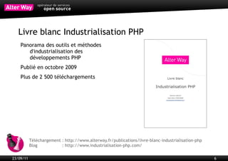Constat
           L'utilisation de PHP en entreprise hors des directions métiers et gouvernée par la DSI
           est relativement récente.


           Les DSI se retrouvent désormais confrontées à différentes problématiques :
             Applicatifs hétérogènes
             Bonnes pratiques de développement non définies ou dépendantes des applicatifs
             Qualité de code disparate
             Base de code non testée de manière automatique
             Pas ou peu d'indicateurs de qualité, de performance, de maintenabilité du code
             Pas de processus unifié sur l'ensemble des acteurs
             Pression continue de la production




23/09/11                                                                                            6
 