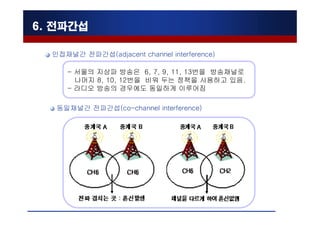 6. 전파간섭

  인접채널간 전파간섭(adjacent channel interference)

     - 서울의 지상파 방송은 6, 7, 9, 11, 13번을 방송채널로
       나머지 8, 10, 12번을 비워 두는 정책을 사용하고 있음.
     - 라디오 방송의 경우에도 동일하게 이루어짐

   동일채널간 전파간섭(co-channel interference)
 