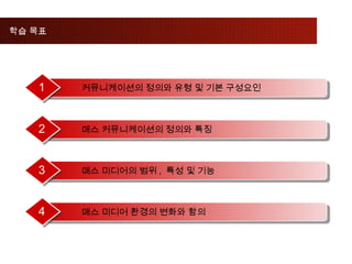 학습 목표




   1    커뮤니케이션의 정의와 유형 및 기본 구성요인



   2    매스 커뮤니케이션의 정의와 특징



   3    매스 미디어의 범위, 특성 및 기능



   4    매스 미디어 환...