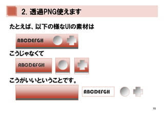 2. 透過PNG使えます

たとえば、以下の様なUIの素材は

 ABCDEFGH

こうじゃなくて



こうがいいということです。
                 ABCDEFGH

                            15
 