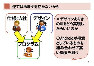 逆ではあまり役立たないかも

仕様：A社   デザイン   ×デザインありき
         ：C社   のUIをどう実現し
               たらいいのか

               ○Androidが得意
  プログラム        としているものを
               組み合わせて高
   ：B社         い効果を狙う

                             5
 