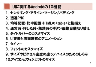 UIに関するAndroidの10機能
1. センタリング・アライン・マージン/パディング
2. 透過PNG
3. 均等配置・比率配置・HTMLの<table>と桁揃え
4. 通常時・押した時・無効時のボタン画像自動切り替え
5. タイトルバーのカスタマイズ
6. UI要素と画面遷移のアニメーション
7. タイマー
8. フォントのカスタマイズ
9. サイズやピクセル密度の違うデバイスのためのしくみ
10.アイコンとウィジェットのサイズ
                                8
 