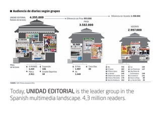 Today, UNIDAD EDITORIAL is the leader group in the
Spanish multimedia landscape. 4,3 million readers.
 