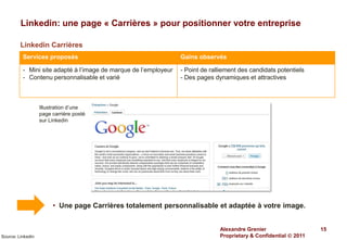 Linkedin: une page « Carrières » pour positionner votre entreprise

         Linkedin Carrières
          Services proposés                                       Gains observés

          - Mini site adapté à l’image de marque de l’employeur   - Point de ralliement des candidats potentiels
          - Contenu personnalisable et varié                      - Des pages dynamiques et attractives



                   Illustration d’une
                   page carrière posté
                   sur Linkedin




                        • Une page Carrières totalement personnalisable et adaptée à votre image.


                                                                                Alexandre Grenier                   15
Source: Linkedin                                                                Proprietary & Confidential  2011
 