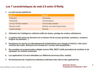 Les 7 caractéristiques du web 2.0 selon O’Reilly

        1.    Le web comme plateforme
                Web 1.0                                   Web 2.0
                Publication                               Participation
                Publicitaires                             Consommateurs
                Les top 100 sites comptent                Tous les sites comptent
                Business centré                           Business de niches (longue traine)
                Logiciel packagé                          Services

        2.    Utilisation de l’intelligence collective (effet de réseau, partage de contenu utilisateurs)

        3.    La gestion des bases de données est un facteur clé de succès (produits, acheteurs, vendeurs,
              moyens de paiement…)

        4.    Emergence du service (co-développement d’applications avec Google et Yahoo!), mise à jour
              continue des outils. Naissance du concept de « version beta perpétuelle »

        5.    Des modèles de programmation allégés comme RSS, REST, AJAX permettant de réutiliser et de
              syndiquer du contenu (mashups)

        6.    Les applications 2.0 sont utilisables sur différents terminaux (fixe, mobile)

        7.    Enrichissement de l’expérience utilisateur (interfaces des sites et des applications)

                                                                                       Alexandre Grenier                   2
Source: Définition du web 2.0 selon O’Reilly, août 2004                                Proprietary & Confidential  2011
 
