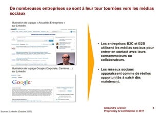 De nombreuses entreprises se sont à leur tour tournées vers les médias
         sociaux

           Illustration de la page « Actualités Entreprises »
           sur Linkedin




                                                                    • Les entreprises B2C et B2B
                                                                      utilisent les médias sociaux pour
                                                                      entrer en contact avec leurs
                                                                      consommateurs ou
                                                                      collaborateurs.

           Illustration de la page Google (Corporate, Carrières…)
                                                                    • Les réseaux sociaux
           sur Linkedin
                                                                      apparaissent comme de réelles
                                                                      opportunités à saisir dès
                                                                      maintenant.




                                                                       Alexandre Grenier                   5
Sources: Linkedin (Octobre 2011)                                       Proprietary & Confidential  2011
 