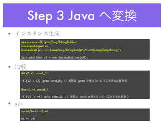 Step 3 Java
•
    new-instance v3, Ljava/lang/StringBuilder;
    move-result-object v0
    invoke-direct {v3, v0}, Ljava/lang/StringBuilder;-><init>(Ljava/lang/String;)V

    StringBuilder v3 = new StringBuilder(v0);


•
    if-lt v2, v3, :cond_0

    if (v2 < v3) goto cond_0; //                goto


    if-ne v3, v4, :cond_1

    if (v3 != v4) goto cond_1; //                goto

• xor
    xor-int/2addr v3, v4

    v3 ^= v4;
 