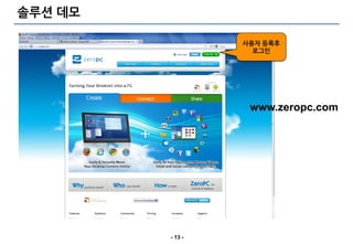 솔루션 데모

                  사용자 등록후
                    로그인




                   www.zeropc.com




         - 13 -
 