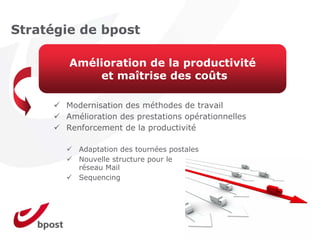 Stratégie de bpost

        Amélioration de la productivité
            et maîtrise des coûts

       Modernisation des méthodes de travail
       Amélioration des prestations opérationnelles
       Renforcement de la productivité

          Adaptation des tournées postales
          Nouvelle structure pour le
          réseau Mail
          Sequencing
 