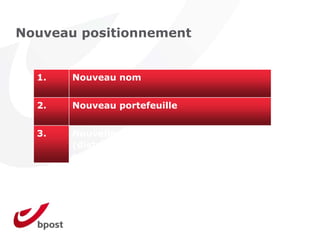 Nouveau positionnement


  1.   Nouveau nom


  2.   Nouveau portefeuille


  3.   Nouvelle méthode de livraison
       (distributeurs automatiques de
       paquets)
 