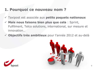 1. Pourquoi ce nouveau nom ?

 Taxipost est associée aux petits paquets nationaux
 Mais nous faisons bien plus que cela : Sprint,
 Fulfilment, Telco solutions, international, sur mesure et
 innovation…
 Objectifs très ambitieux pour l'année 2012 et au-delà




                                                             9
 