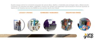 Nuestro equipo está en la constante búsqueda de nuevas ideas, diseños y materiales para entregar valor y diferenciación. Contamos con procesos de diseño, ingeniería y producción propios que garantizan que el producto final sea ajustado al diseño inicial. Nuestros servicios de DESIGN se encuentran dentro de 3 áreas:   LOCALES Y OFICINAS  EXHIBIDORES Y MOBILIARIOS ARQUITECTURA EFIMERA 