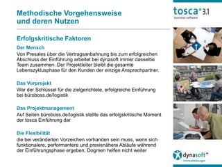 Methodische Vorgehensweise
und deren Nutzen

Erfolgskritische Faktoren
Der Mensch
Von Presales über die Vertragsanbahnung bis zum erfolgreichen
Abschluss der Einführung arbeitet bei dynasoft immer dasselbe
Team zusammen. Der Projektleiter bleibt die gesamte
Lebenszyklusphase für den Kunden der einzige Ansprechpartner.

Das Vorprojekt
War der Schlüssel für die zielgerichtete, erfolgreiche Einführung
bei büroboss.de/logistik

Das Projektmanagement
Auf Seiten büroboss.de/logistik stellte das erfolgskritische Moment
der tosca Einführung dar

Die Flexibilität
die bei veränderten Vorzeichen vorhanden sein muss, wenn sich
funktionalere, performantere und praxisnähere Abläufe während
der Einführungsphase ergeben; Dogmen helfen nicht weiter
 