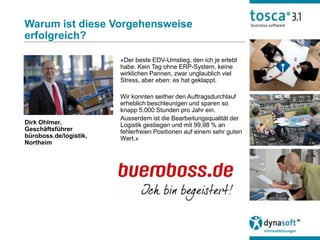 Warum ist diese Vorgehensweise
erfolgreich?

                        «Der beste EDV-Umstieg, den ich je erlebt
                        habe. Kein Tag ohne ERP-System, keine
                        wirklichen Pannen, zwar unglaublich viel
                        Stress, aber eben: es hat geklappt.

                        Wir konnten seither den Auftragsdurchlauf
                        erheblich beschleunigen und sparen so
                        knapp 5.000 Stunden pro Jahr ein.
                        Ausserdem ist die Bearbeitungsqualität der
Dirk Ohlmer,            Logistik gestiegen und mit 99,98 % an
Geschäftsführer         fehlerfreien Positionen auf einem sehr guten
büroboss.de/logistik,   Wert.»
Northeim
 