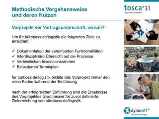 Methodische Vorgehensweise
und deren Nutzen

Vorprojekt vor Vertragsunterschrift, warum?

Um für büroboss.de/logistik die folgenden Ziele zu
erreichen:

   Dokumentation der vereinbarten Funktionalitäten
   Interdisziplinäre Übersicht auf die Prozesse
   Verbindlichen Investitionsrahmen
   Belastbaren Terminplan

für bürboss.de/logistik bildete das Vorprojekt immer den
roten Faden während der Einführung

nach der erfolgreichen Einführung sind die Ergebnisse
des Vorprojektes Gradmesser für zuvor definierte
Zielerreichung von büroboss.de/logistik
 
