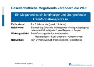 Gesellschaftliche Megatrends verändern die Welt Zeithorizont:  2 – 5 Jahrzehnte (mind. 15 Jahre) Reichweite:  Erstreckung über alle Weltregionen hinweg Ausprägung  unterscheidet sich jedoch von Region zu Region Wirkungsstärke: Beeinflussung aller Lebensbereiche: Regierungen – Konsumenten – Unternehmen Robustheit: kein Dynamikverlust, trotz einzelner Rückschläge Ein Megatrend ist ein langfristiger und übergreifender Transformationsprozess  Quelle: Naisbitt, J. (1982) 